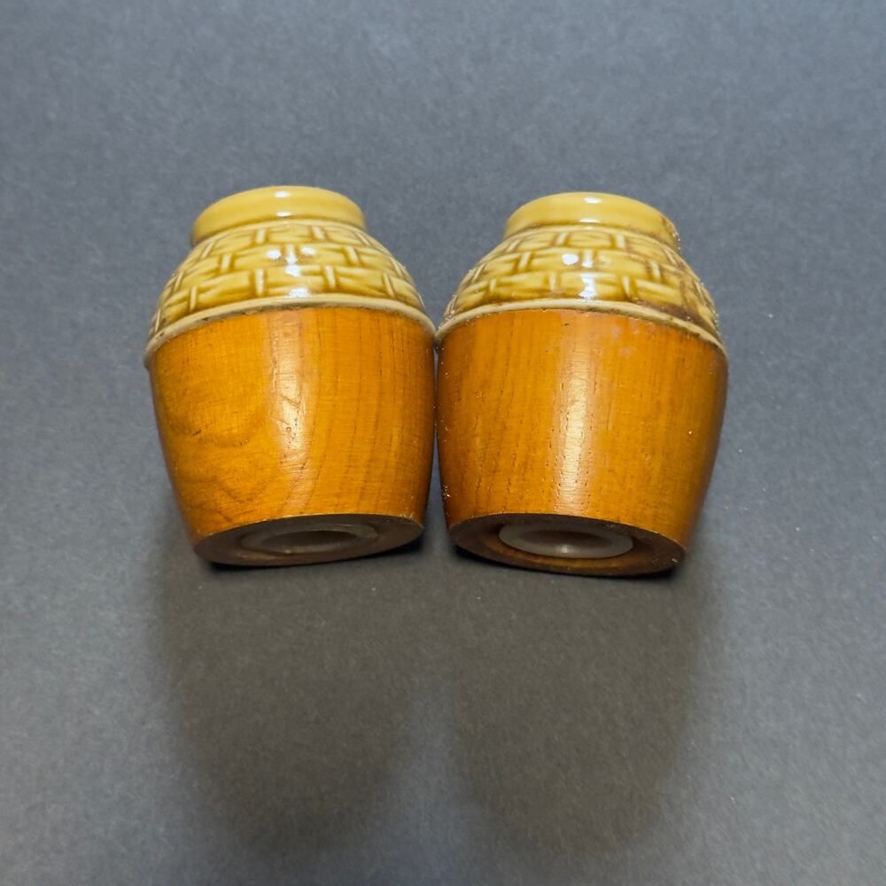 Vintage MCM Wood and Ceramic Salt and Pepper Shakers Basketweave